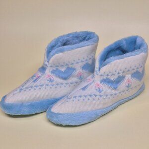 Vintage Knitted House Slippers Blue Heart Pattern 7-8